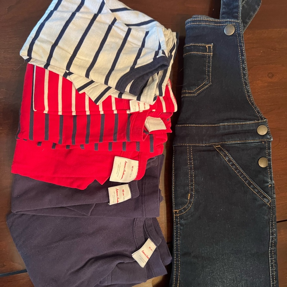 Hanna Andersson Kids Matching Set - Striped Red, Blue, and Denim Overalls